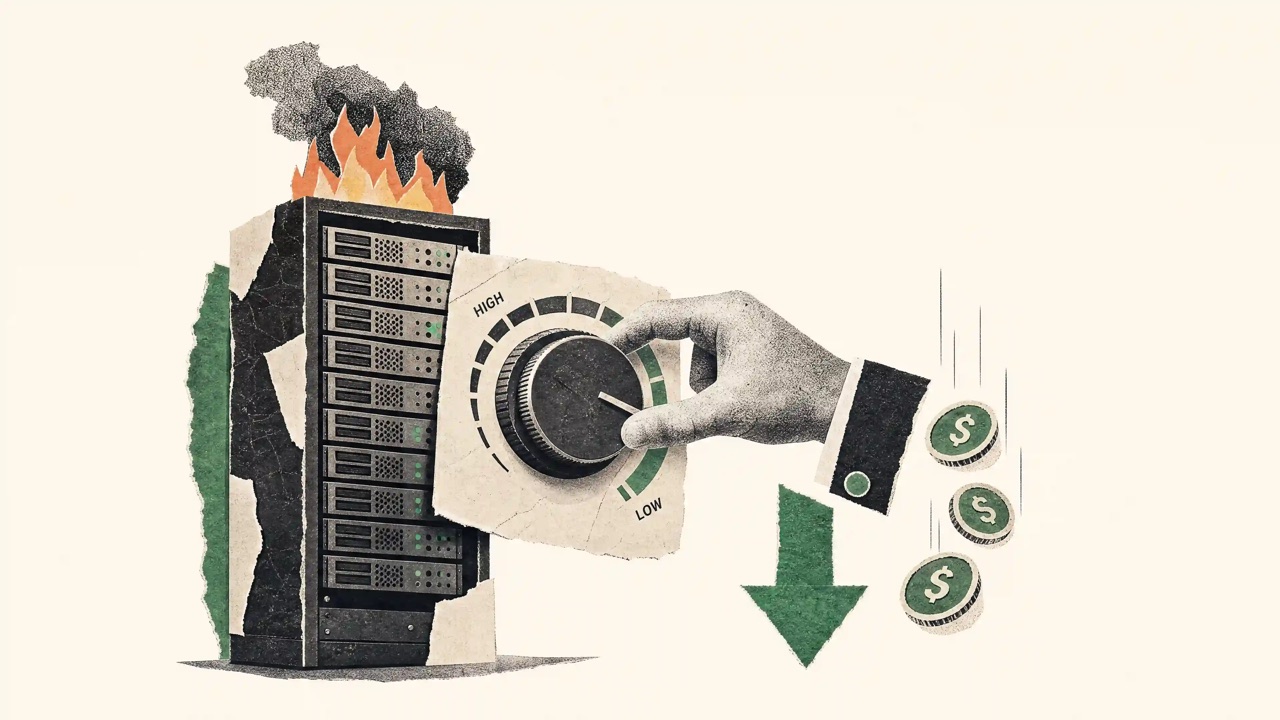 Brennender Server, ein Regler wird von HIGH auf LOW gedreht, fallende Dollar-Münzen — sinkende KI-Kosten