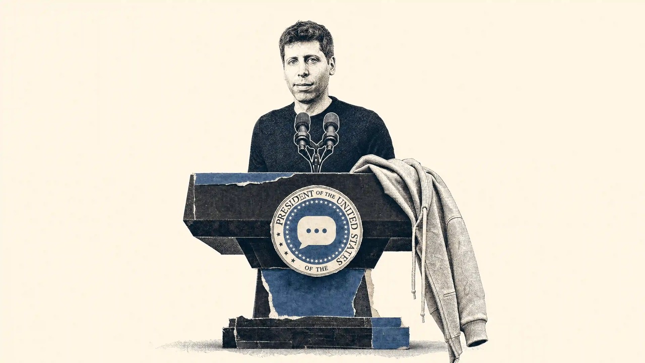 Sam Altman am Präsidentenpult mit Chat-Symbol im Siegel — Silicon Valley trifft Washington
