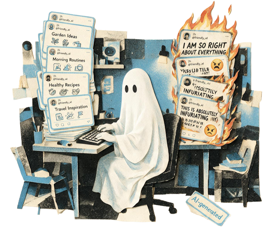 Collage: Ein Geist tippt am Computer und produziert automatisch Social-Media-Posts — links harmlose Themen, rechts brennende Wut-Beiträge in Flammen