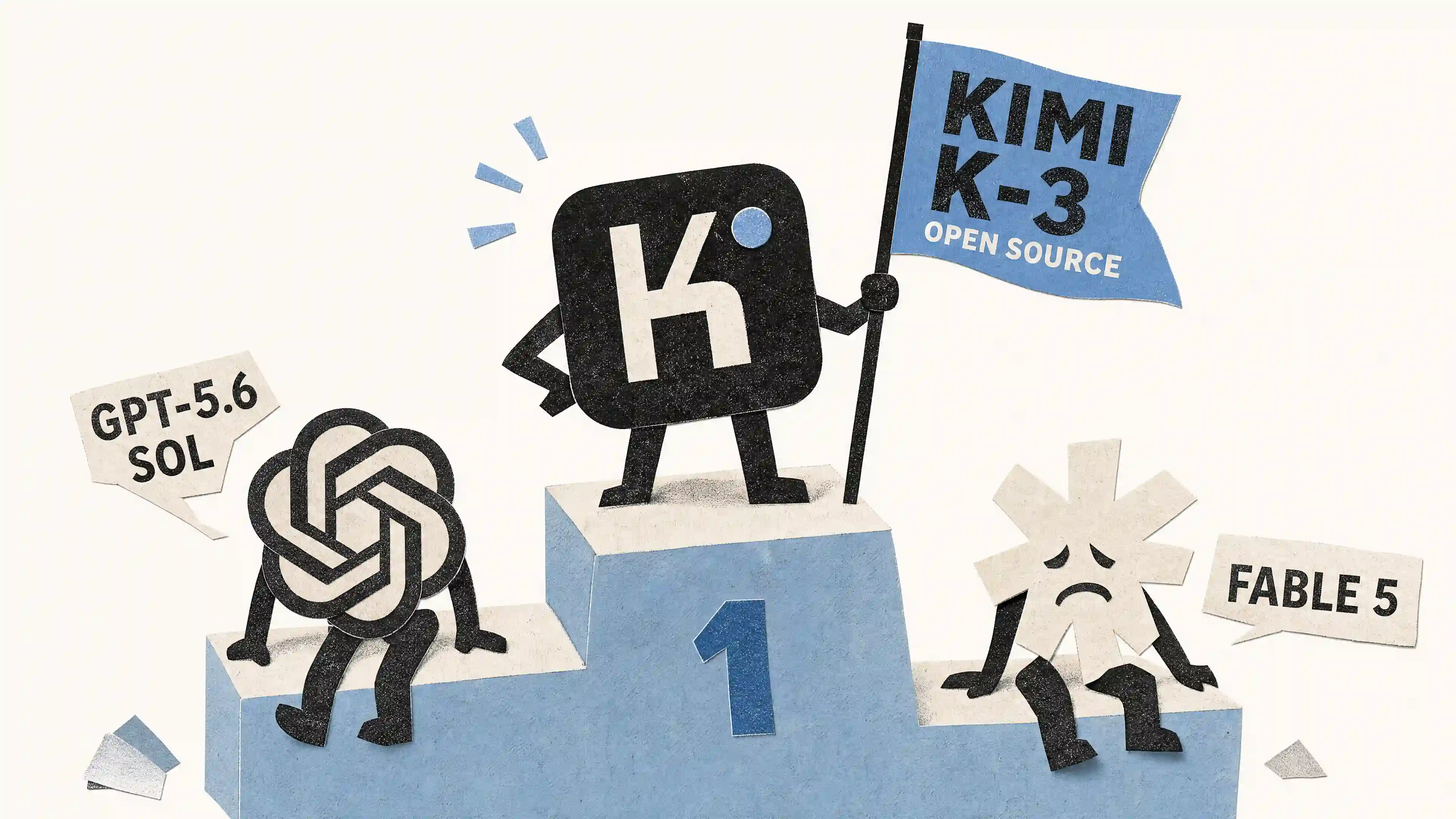 Editorial-Collage: Kimi K3 als offenes Modell überholt Fable 5 und GPT-5