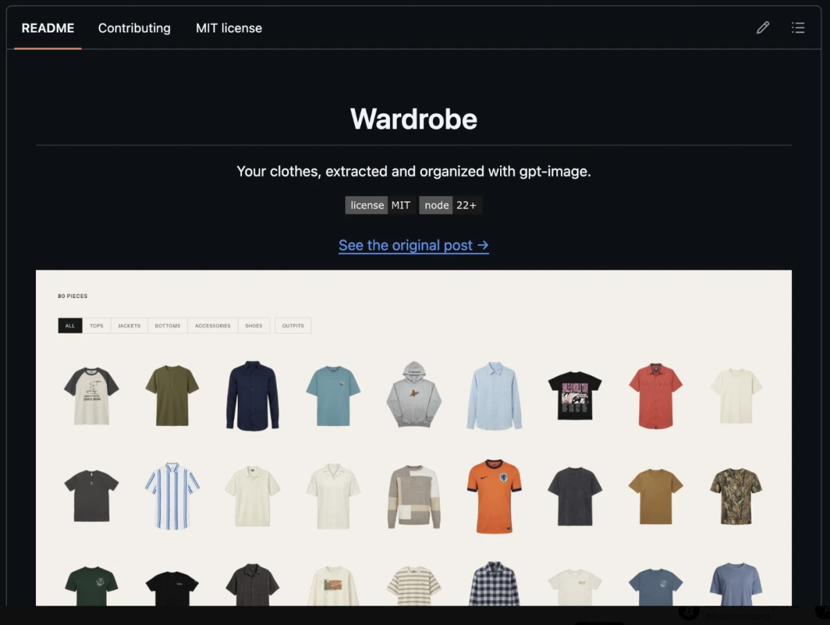 GitHub-Readme des Projekts Wardrobe mit einem Raster digitalisierter Kleidungsstücke