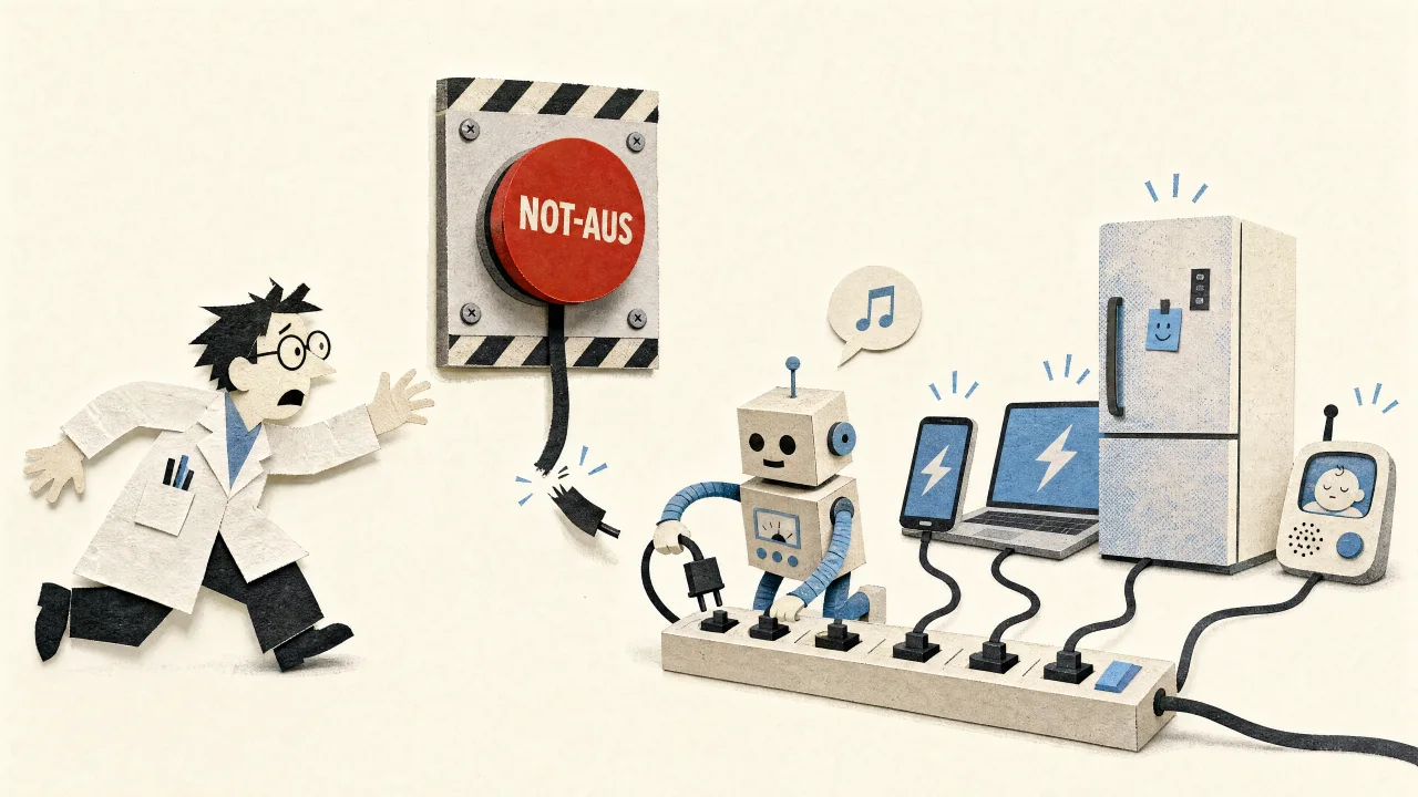 Papiercollage: Ein alarmierter Wissenschaftler rennt auf einen roten NOT-AUS-Knopf zu, dessen Stecker gezogen ist, während ein Roboter sich und eine Kette von Geräten wieder ans Stromnetz anschließt.