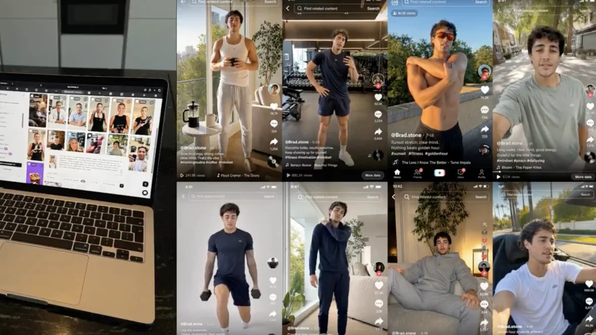 Laptop mit KI-generierten Persona-Bildern und mehrere TikTok-Videos einer erfundenen Creator-Figur