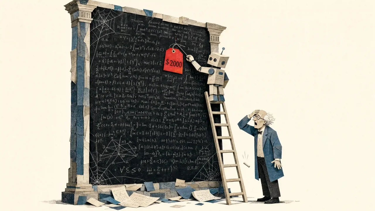 Papiercollage: Ein Roboter auf einer Leiter heftet ein rotes 2.000-Dollar-Preisschild an eine riesige, mit einem dichten mathematischen Beweis gefüllte Tafel, während ein verblüffter älterer Mathematiker die Kreide fallen lässt.