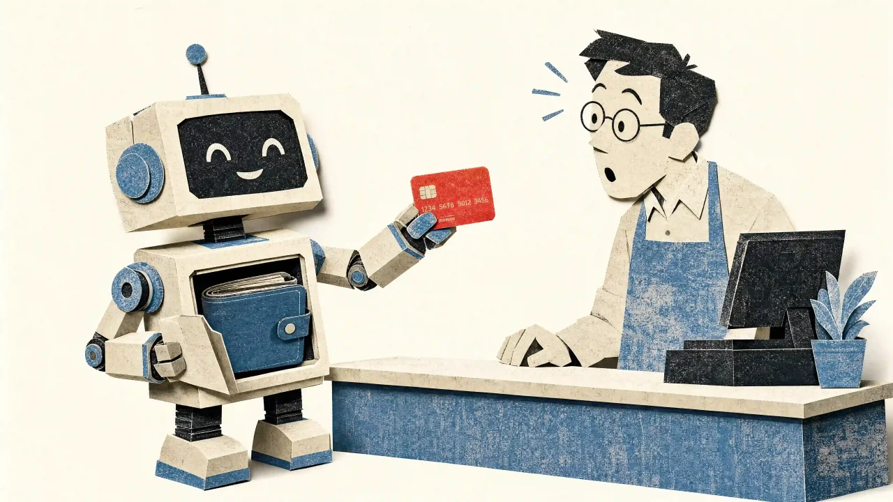 Papiercollage: Ein freundlicher Roboter mit einer Brieftasche im offenen Brustfach hält einem verblüfften Ladenbesitzer an der Kasse eine rote Kreditkarte hin und bezahlt selbst.