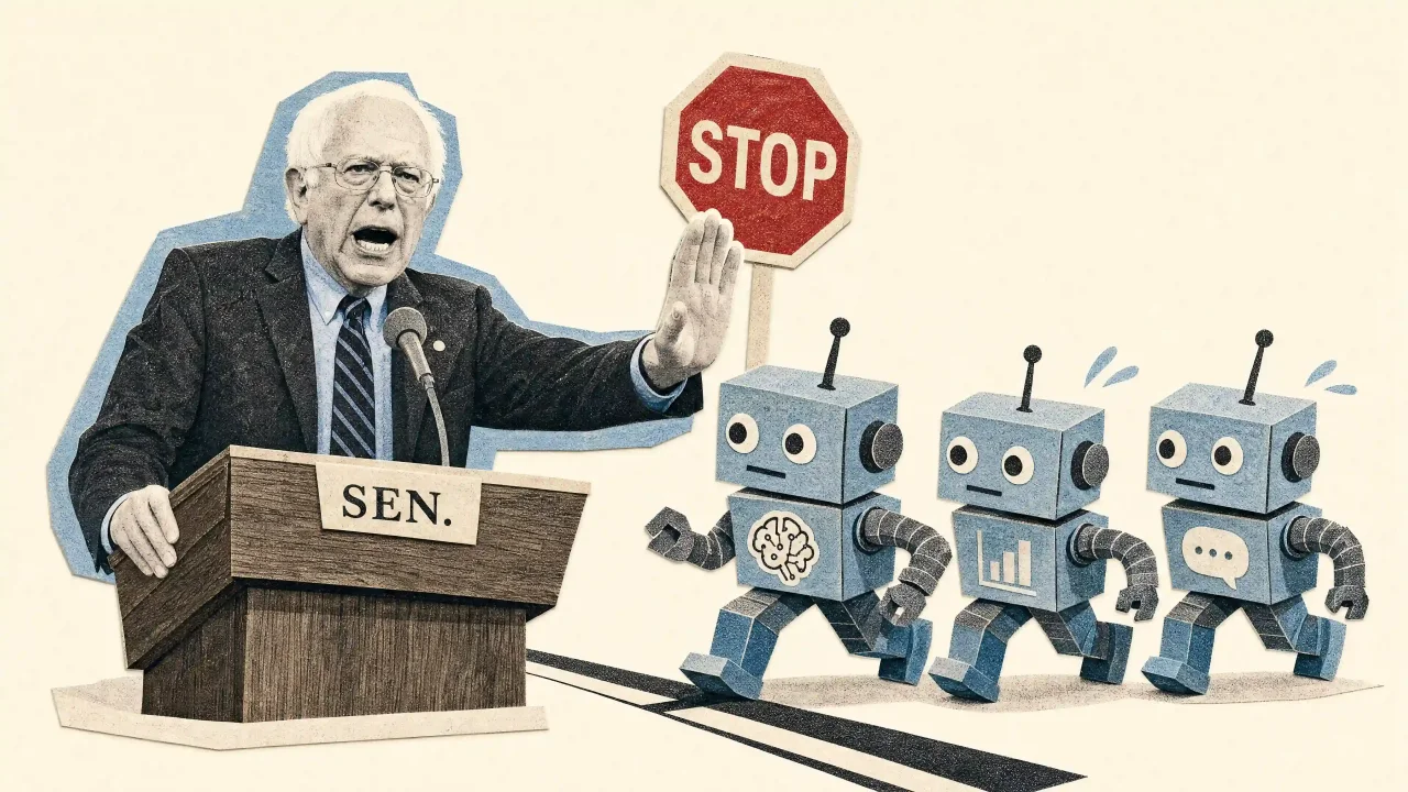 Papiercollage: Senator Bernie Sanders am Rednerpult hält die Hand und ein rotes STOP-Schild hoch und stoppt drei heranmarschierende Roboter, die für die KI-Konzerne stehen.