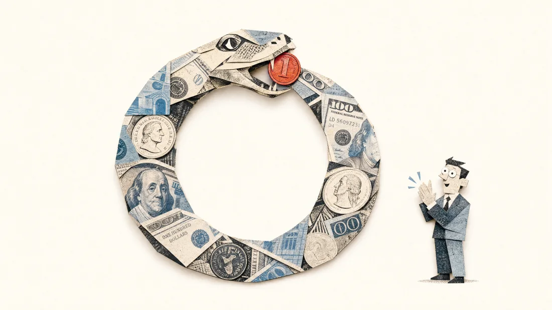 Papiercollage: eine Schlange aus Geldscheinen frisst ihren eigenen Schwanz — die Zirkelfinanzierung.