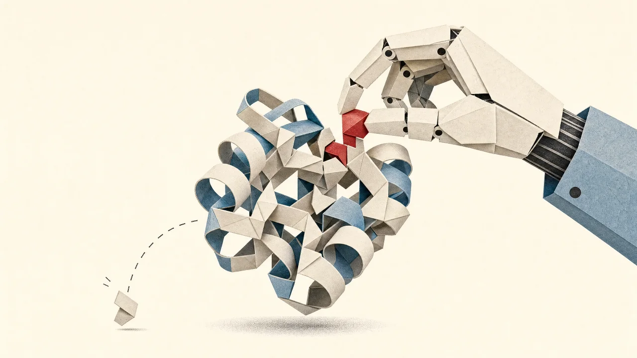 Papiercollage: eine präzise Roboterhand setzt das letzte Stück in ein gefaltetes Protein — 14 von 15 halten.