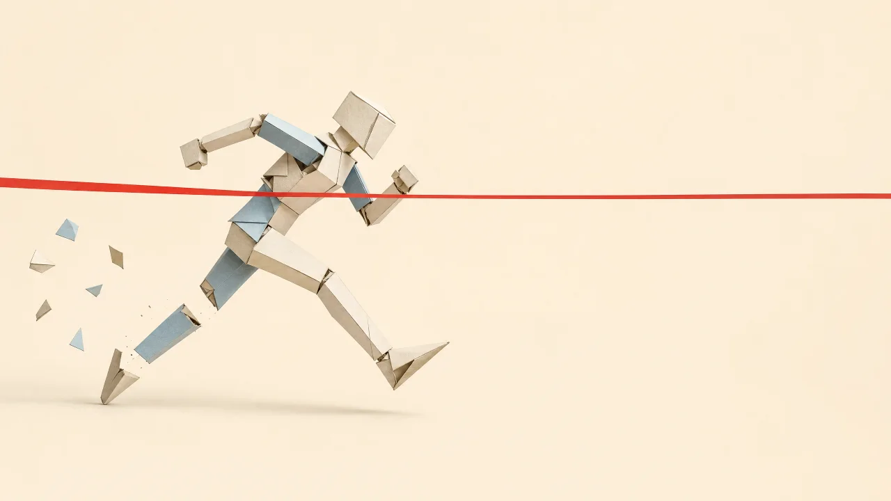 Papiercollage: ein Papierroboter im Sprint verliert sein Unterbein, während das rote Zielband unberührt vor ihm hängt.