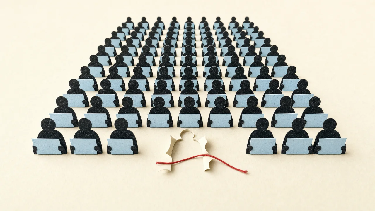 Papiercollage: ein dichtes Raster kleiner Papierfiguren mit hellblauen Bildschirmen; vorne klafft eine ausgerissene Lücke, über die ein roter Faden liegt.
