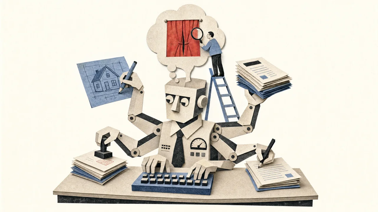 Papiercollage: ein Papierroboter mit sechs Armen tippt, stempelt, zeichnet ein Haus und stapelt Akten; in seiner Gedankenblase ist ein roter Vorhang zugezogen, den ein kleiner Mann auf einer Leiter mit der Lupe untersucht.