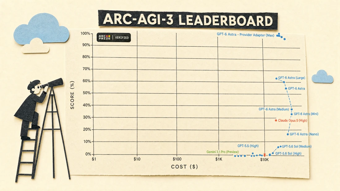 Papiercollage des ARC-AGI-3-Leaderboards: Score gegen Kosten pro Aufgabe, GPT-6 Astra mit Provider Adapter (Max) nahe 100 Prozent, Astra Large bei rund 62, Claude Opus 5 bei rund 28, ältere Modelle nahe null; links schaut eine Papierfigur auf einer Leiter durchs Fernrohr auf die Kurve.