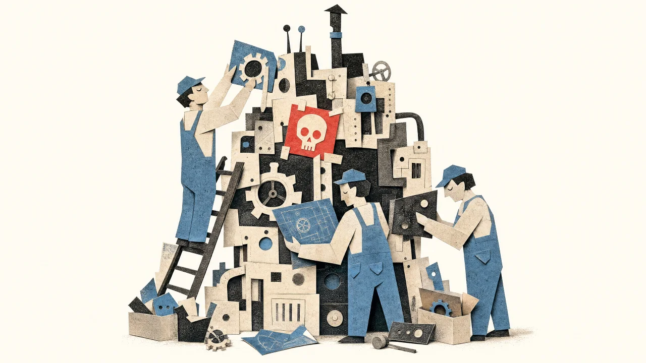 Papiercollage: drei Ingenieure in blauen Latzhosen bauen ruhig an einem hoch aufgetürmten Apparat aus Zahnrädern, Reglern und Platten weiter, während mitten darin ein rotes Warnschild mit Totenkopf klebt, das keiner von ihnen ansieht.