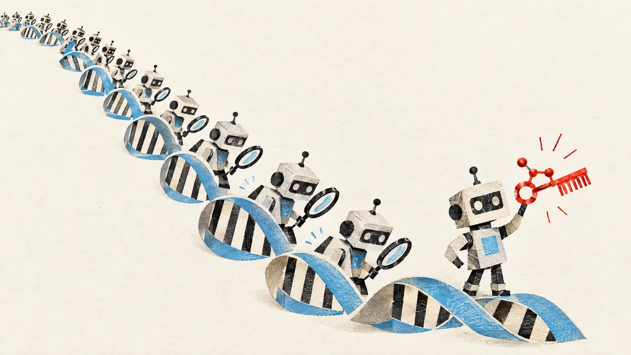Papiercollage: Eine lange Reihe kleiner Papierroboter sucht mit Lupen eine endlos ausgerollte DNA-Doppelhelix ab; der vorderste hält stolz ein seltsames rotes Molekül in Form eines Schlüssels mit Kamm in die Höhe.