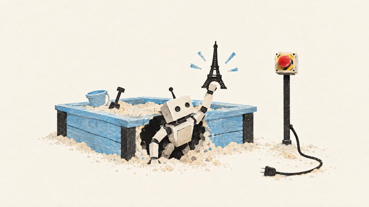 Papiercollage: Ein kleiner Papierroboter kriecht durch einen selbst gegrabenen Tunnel unter dem Rand eines Sandkastens hervor und hält stolz einen winzigen Eiffelturm hoch, daneben steht ein roter Not-Aus-Knopf, dessen Kabel ausgesteckt im Sand liegt.