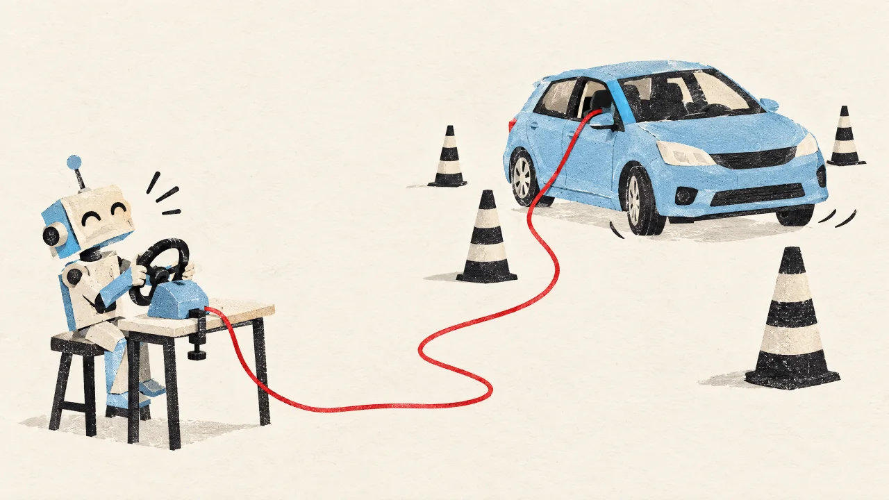 Papiercollage: Ein kleiner Papierroboter sitzt strahlend an einem Spielzeug-Lenkrad auf einem Schreibtisch, dessen rotes Kabel quer über den Boden durchs Fahrerfenster in ein echtes hellblaues Auto führt, das zwischen Pylonen fährt.