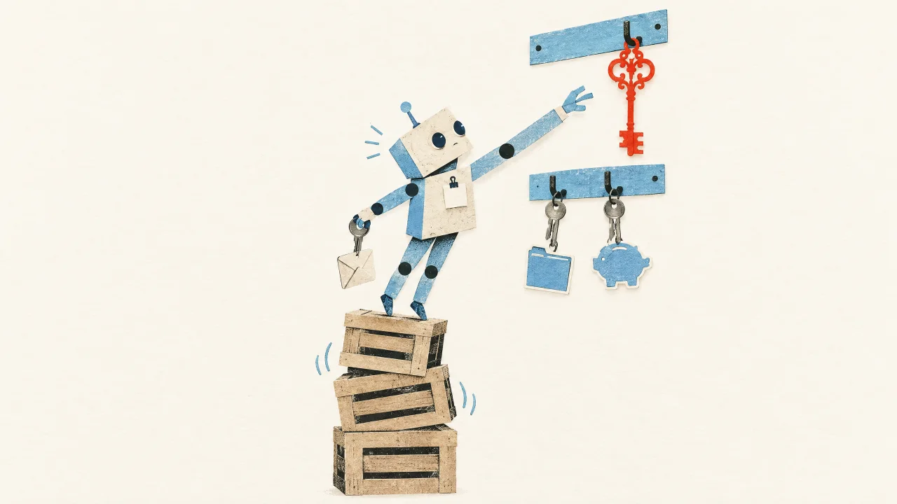 Papiercollage: Ein kleiner Papierroboter mit Besucherausweis balanciert auf drei wackligen Holzkisten, hält einen Schlüssel mit Briefumschlag-Anhänger und streckt sich an den Schlüsseln mit Ordner- und Sparschwein-Anhänger vorbei nach dem großen roten Generalschlüssel, der ganz oben am Schlüsselbrett knapp außer Reichweite hängt.