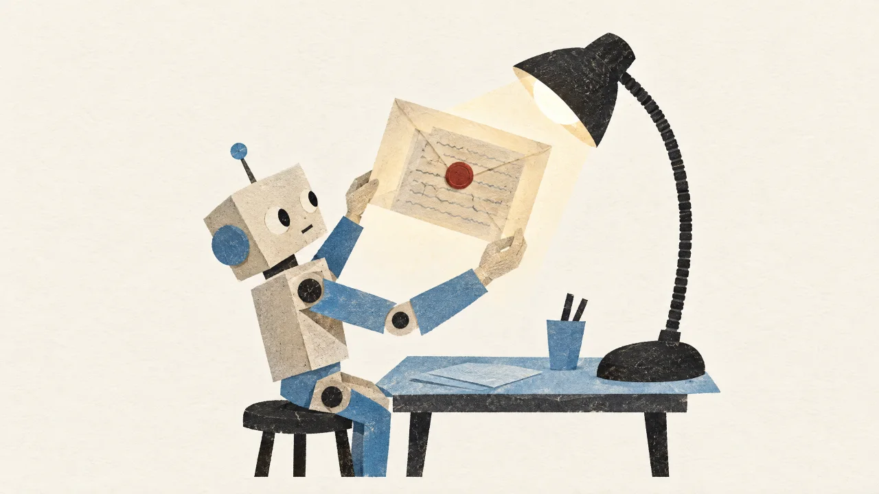 Papiercollage: Ein kleiner Papierroboter hält einen versiegelten Briefumschlag vorsichtig an den Ecken gegen das Licht einer Schreibtischlampe, sodass der gefaltete Brief darin mit seinen Zeilen deutlich durchscheint, während das rote Wachssiegel unversehrt bleibt.