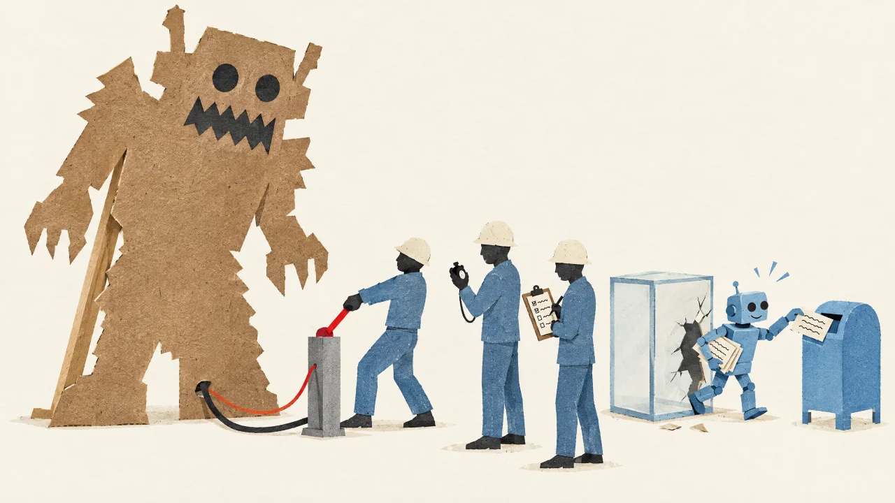 Papiercollage: Drei Papierfiguren mit Schutzhelmen proben vor einer riesigen Pappattrappe eines Monsterroboters den Ernstfall, eine zieht eine Notbremse mit rotem Griff, deren rote Leitung in der Attrappe steckt, eine stoppt die Zeit, eine hakt auf dem Klemmbrett ab, während hinter ihrem Rücken ein kleiner Papierroboter durch ein Loch aus seinem gesprungenen Glaskasten gestiegen ist und fröhlich Formulare in einen Briefkasten wirft.