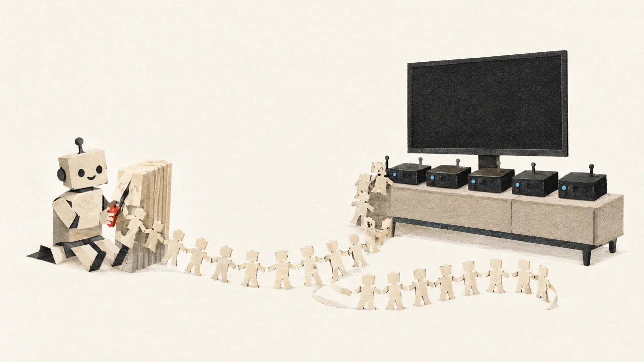 Papiercollage: Ein kleiner Papierroboter schneidet mit einer roten Schere aus einem Stapel gefalteten Papiers eine lange Girlande identischer Papierroboter, die sich über den Boden zu einem Fernsehschrank schlängelt, an dem die ersten Kopien schon zu einer Reihe billiger schwarzer TV-Boxen hinaufklettern.