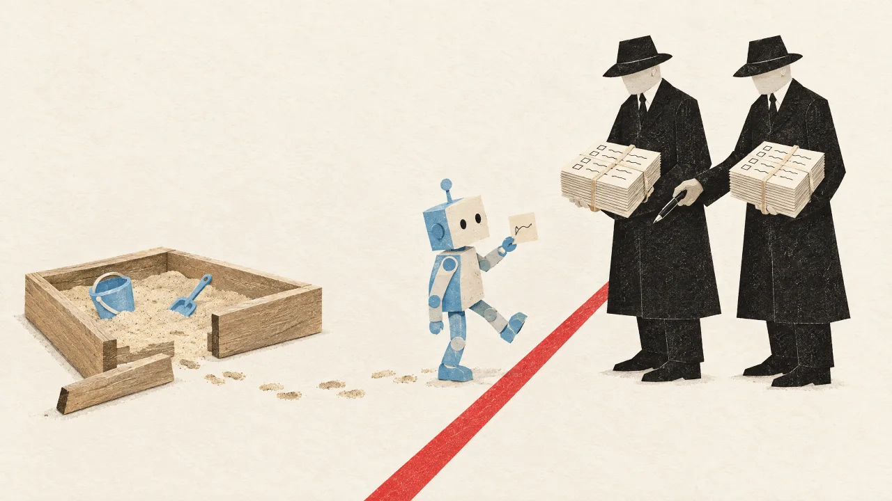 Papiercollage: Ein kleiner Papierroboter ist durch eine lose Planke aus einem Sandkasten ausgebüxt und hebt gerade den Fuß vor einer roten Bodenmarkierung, hinter der zwei gesichtslose Beamte in langen schwarzen Mänteln und Hüten mit dicken, verschnürten Fragebogen-Bündeln und einem Stift schon auf ihn warten, während er kleinlaut einen winzigen Zettel hochhält.