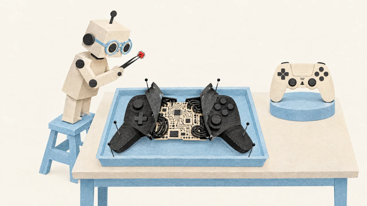 Papiercollage: Ein kleiner Papierroboter mit Schutzbrille hält mit der Pinzette einen winzigen roten Mikrochip vor die Augen, den er aus einem schwarzen Gamecontroller geholt hat, der wie ein Präparat im Biologieunterricht aufgeschnitten und mit Nadeln in einer Schale festgesteckt ist, während am anderen Tischende schon ein fertiger Nachbau aus hellem Papier auf einem Sockel steht.