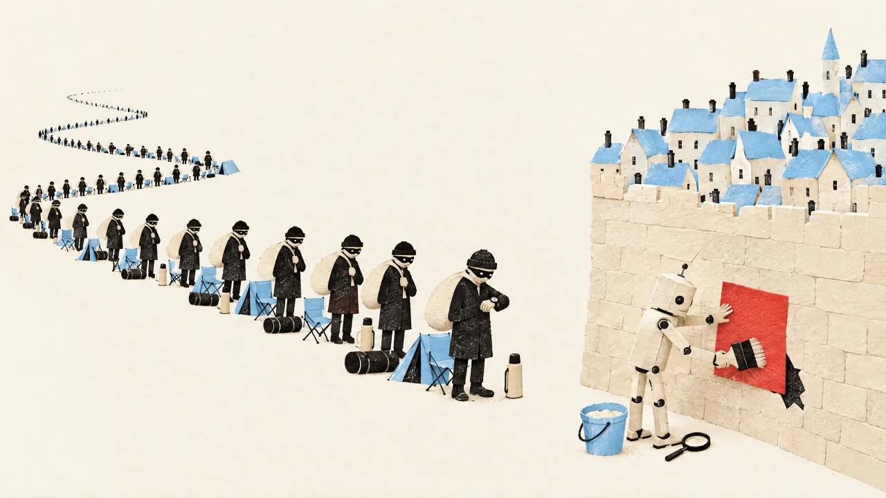 Papiercollage: Ein kleiner Papierroboter drückt einen roten Flicken über ein Loch am Fuß einer Stadtmauer, hinter der sich die Dächer einer ganzen Kleinstadt drängen, und streicht ihn mit dem Kleisterpinsel fest, während vor der Mauer eine endlose, ordentliche Schlange maskierter Einbrecher mit leeren Säcken, Campingstühlen, Schlafsäcken, Thermoskannen und Zelten wartet und der Erste in der Reihe auf die Uhr schaut.